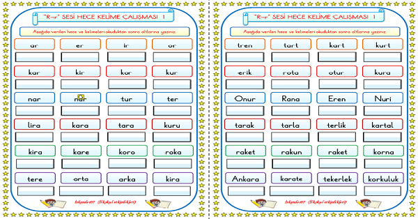 1. Sınıf İlk Okuma Yazma R-r Sesi Hece Kelime Okuma Yazma Çalışması