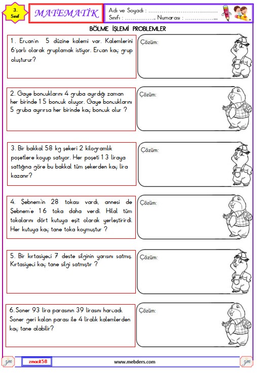 3. Sınıf Matematik Bölme İşlemi Problemler Etkinliği 5