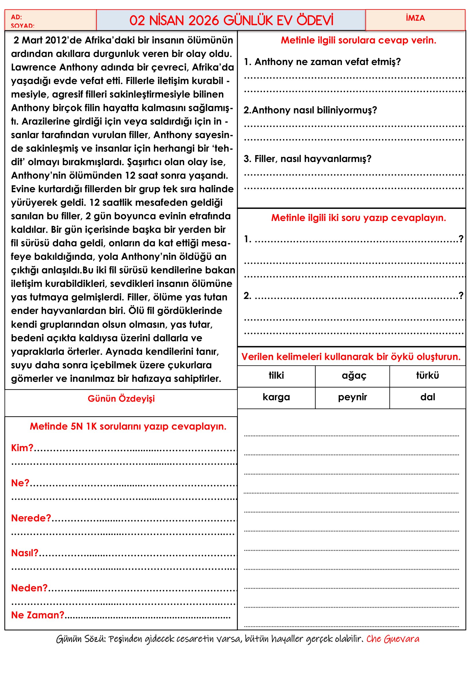 4.Sınıf - 02 Nisan 2026 Günlük Ev Ödevleri