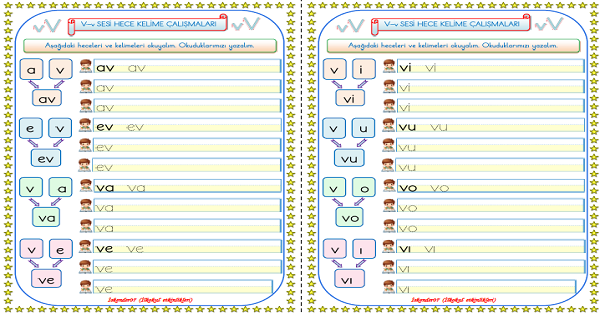 1. Sınıf İlk Okuma Yazma V Sesi Hece Kelime Çalışmaları