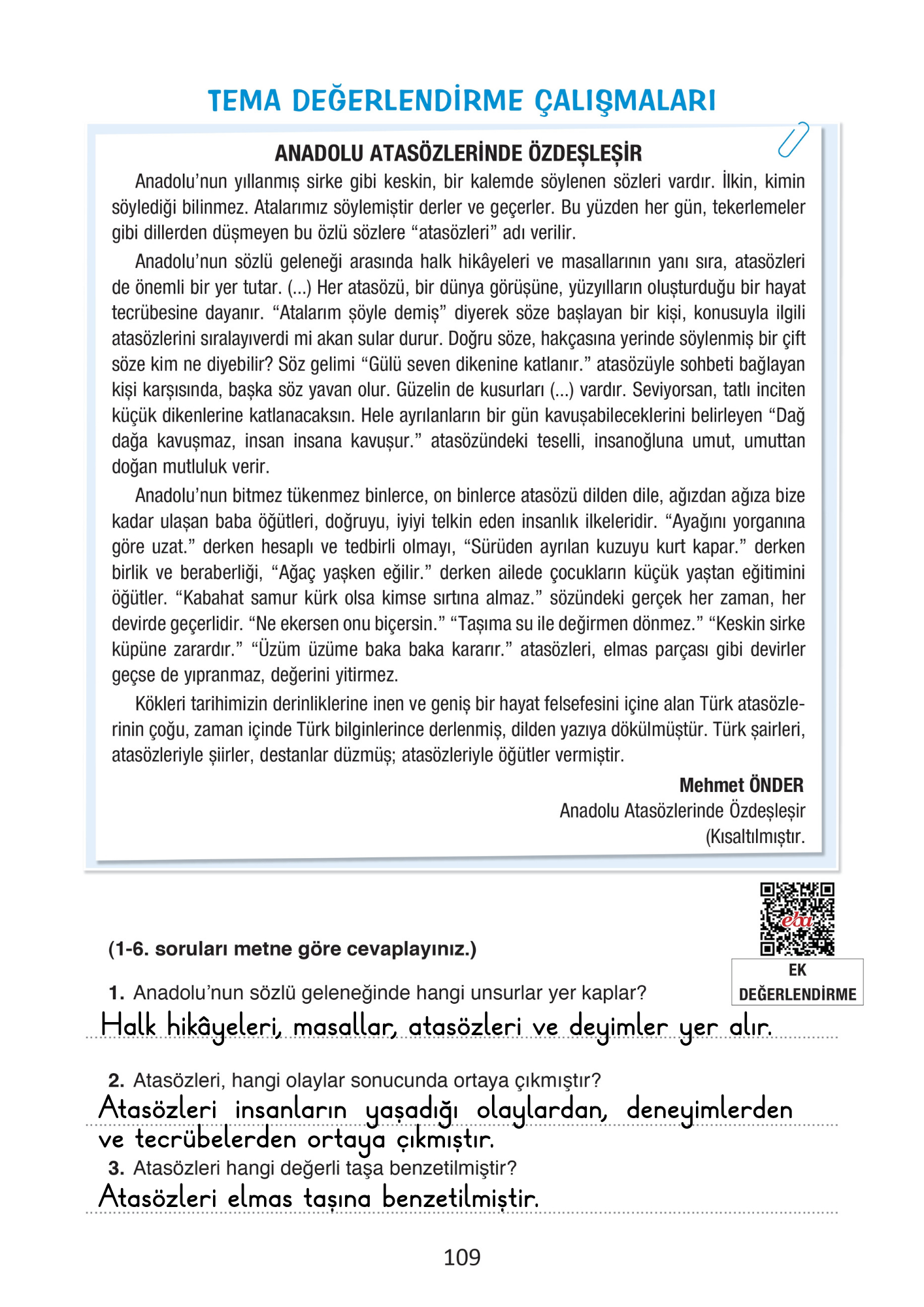 4. Sınıf Türkçe Ada Yayınları 3. Tema Erdemler Değerlendirme Soruları Cevapları