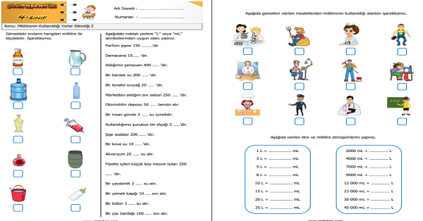 4.Sınıf Matematik Mililitrenin Kullanıldığı Yerler Etkinliği 2