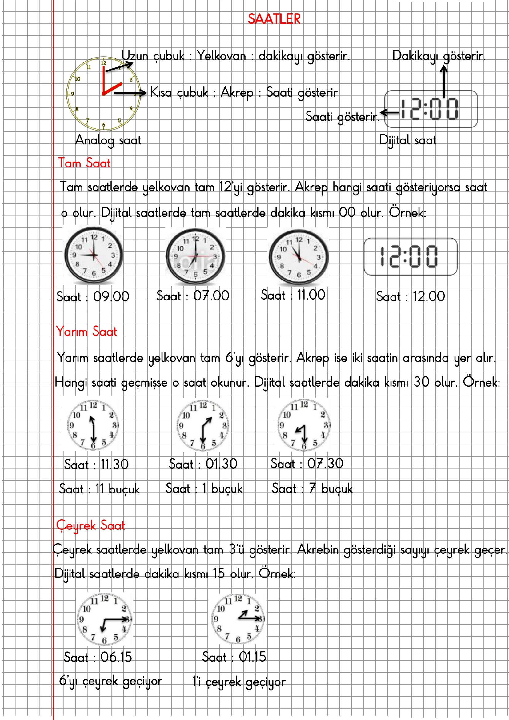 2.Sınıf Matematik Kareli Defterde Saatler Konu Anlatımı