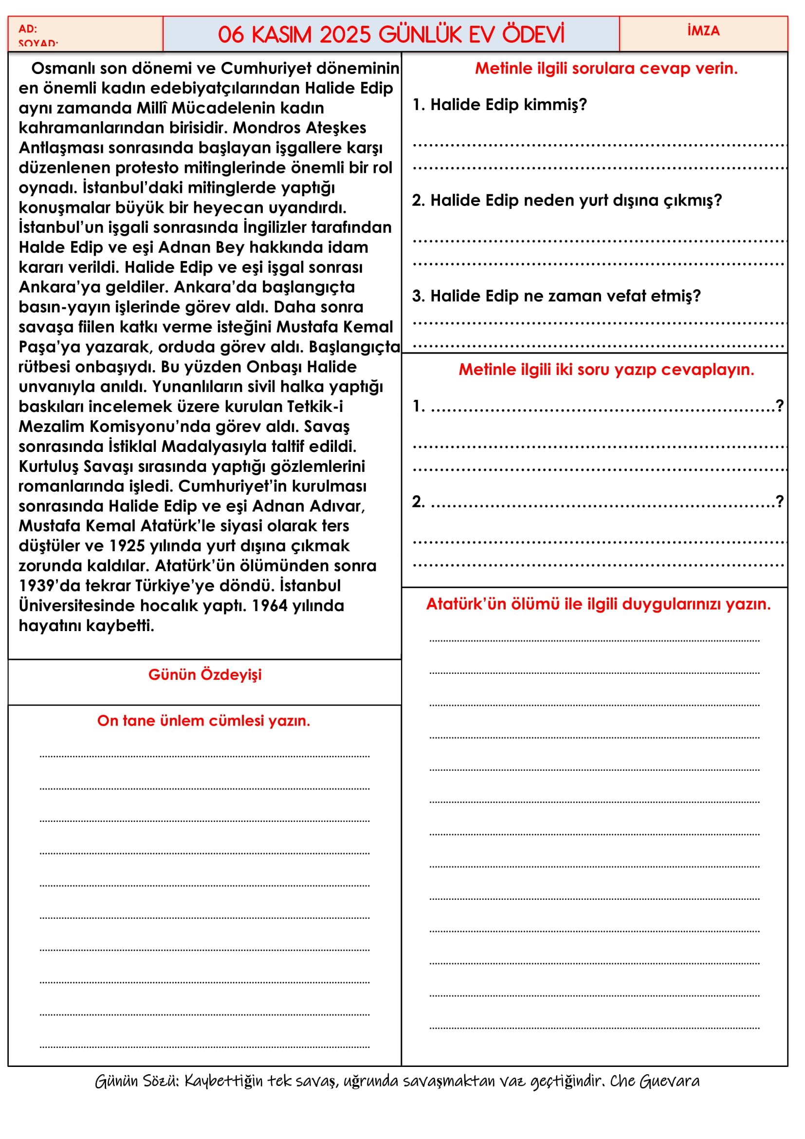 4.Sınıf - 06 Kasım 2025 Günlük Ev Ödevleri