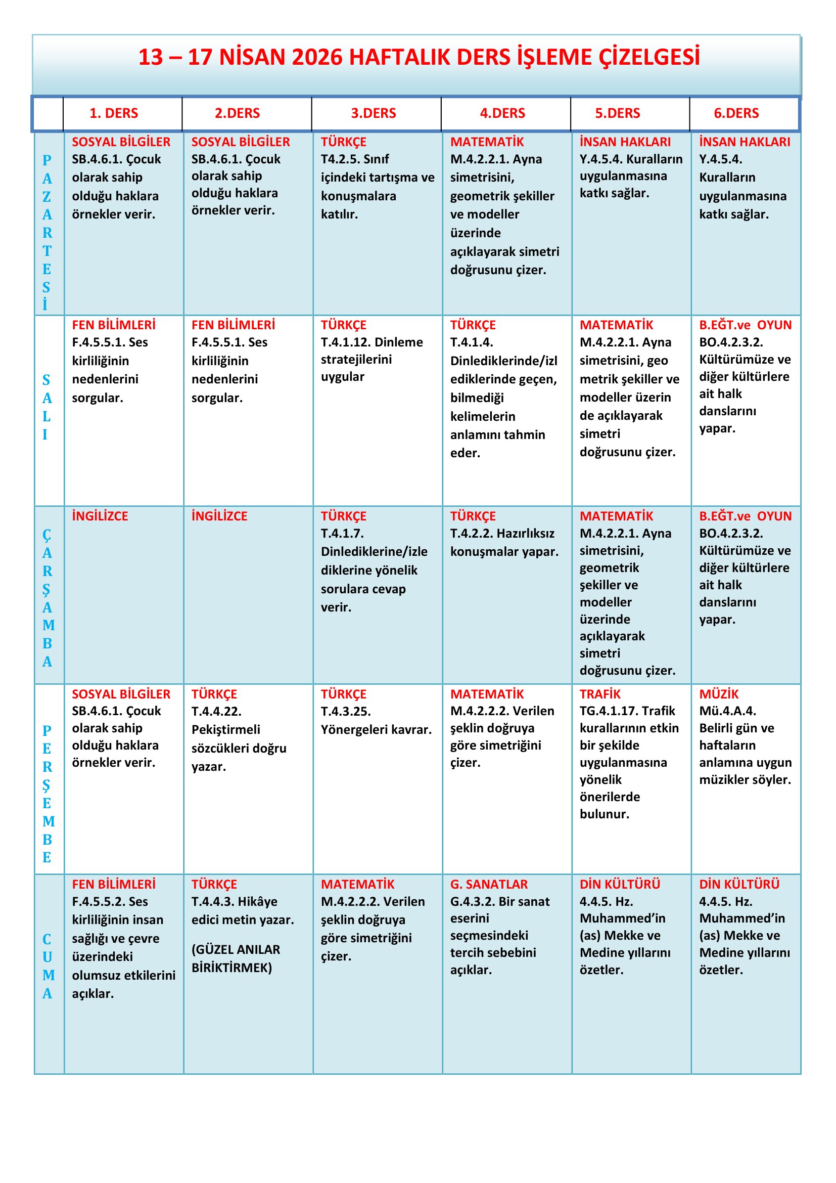 4.Sınıf 13 - 17 Nisan 2026 Haftalık Ders İşleme Çizelgesi.doc