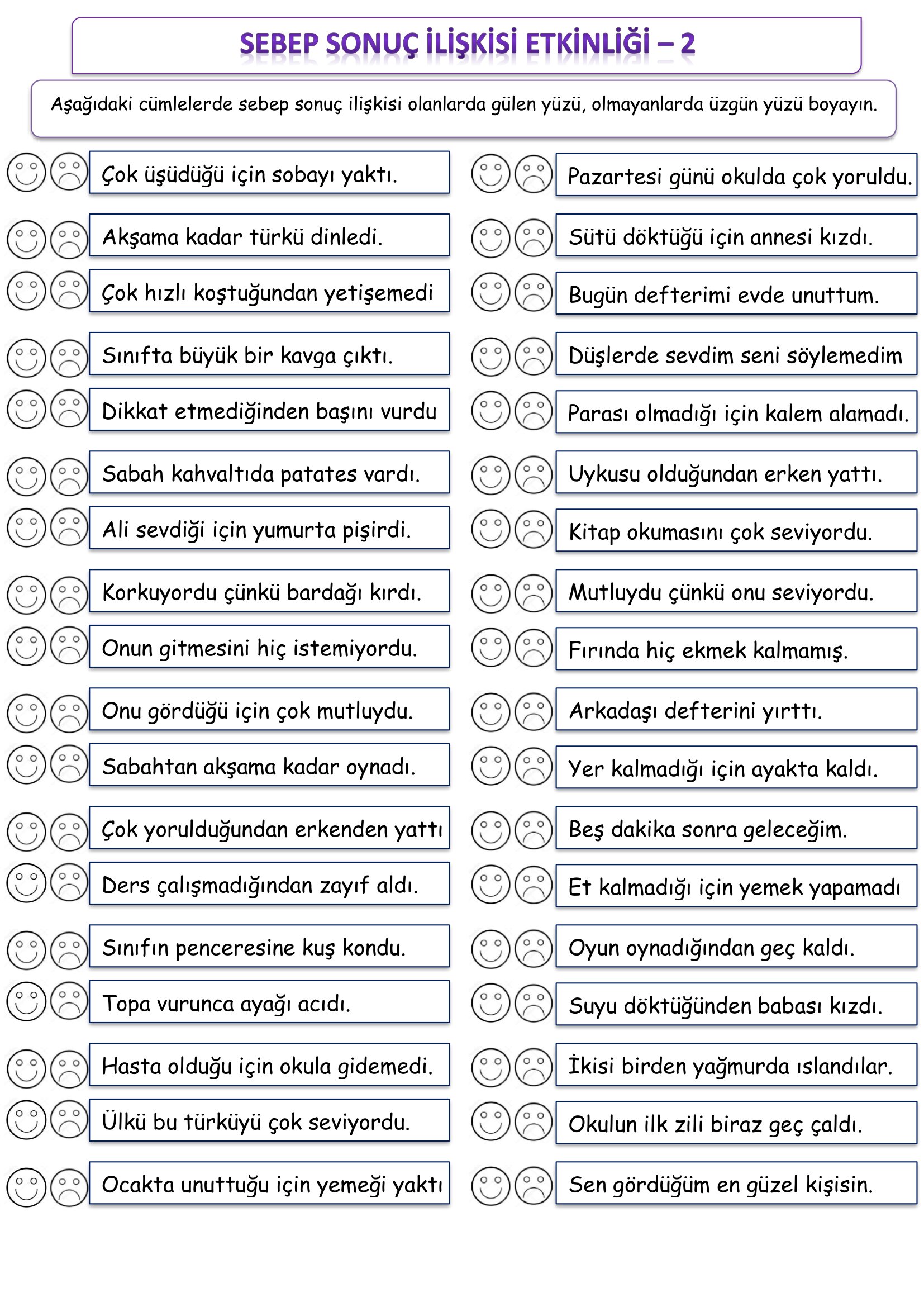 1.Sınıf Türkçe Sebep Sonuç İlişkisi Etkinliği-2