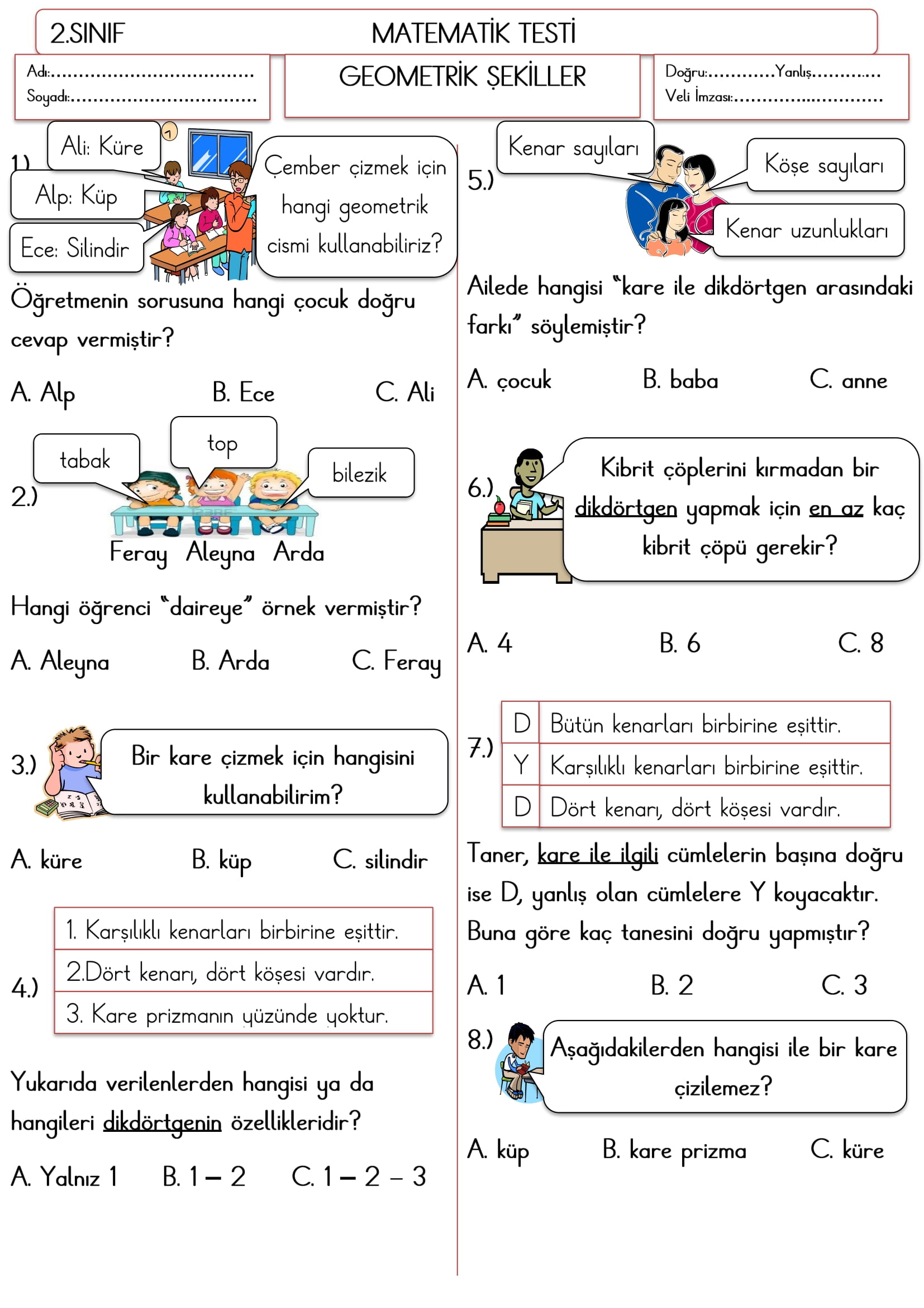 2.Sınıf Matematik Geometrik Şekiller Testi-2