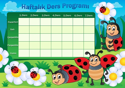 Uğurböcekli haftalık ders programı şablonu