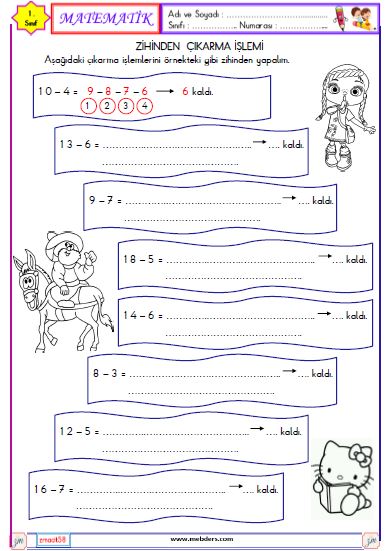 1. Sınıf Matematik Zihinden Çıkarma İşlemi Etkinliği 5