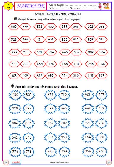 3. Sınıf Matematik Doğal Sayıları Karşılaştırma ve Sıralama Etkinliği 1