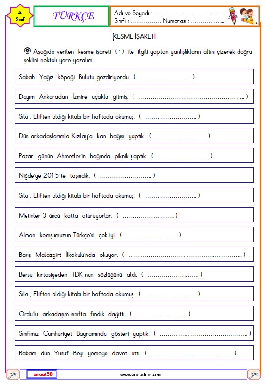 4. Sınıf Türkçe Kesme İşareti Etkinliği 2