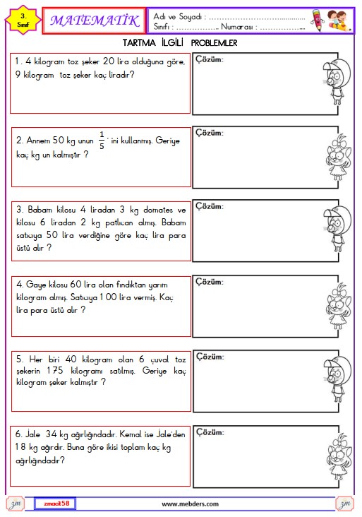 3. Sınıf Matematik Tartma ile İlgili Problemler Etkinliği 3