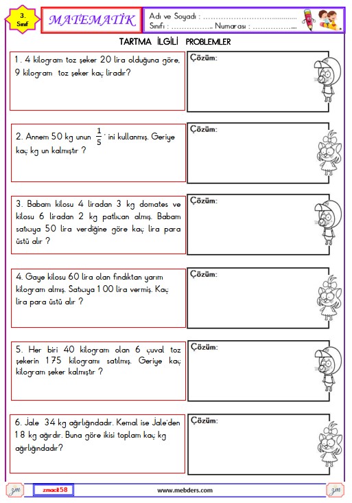 3. Sınıf Matematik Tartma ile İlgili Problemler Etkinliği 3