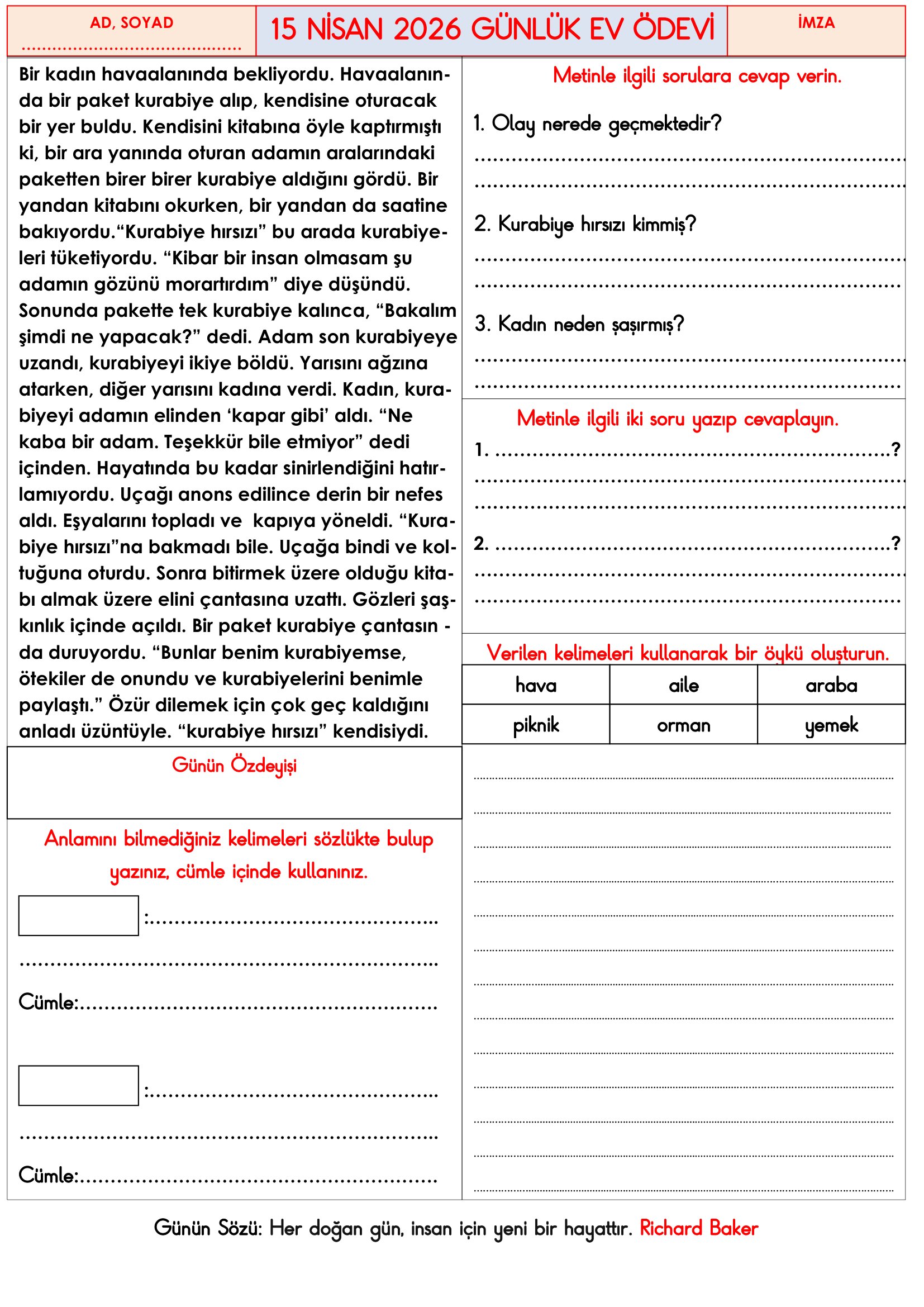 3.Sınıf - 15 Nisan 2026 Günlük Ev Ödevleri