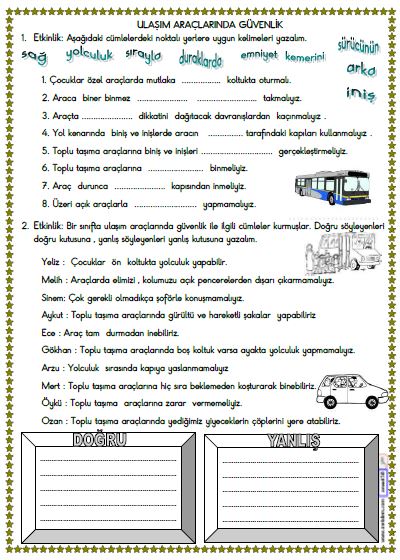 2. Sınıf Hayat Bilgisi Ulaşım Araçlarında Güvenlik Etkinliği 2