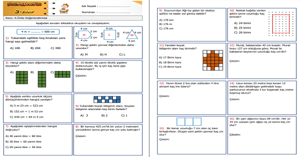 3.Sınıf Matematik 6. Ünite Değerlendirme Etkinliği 2
