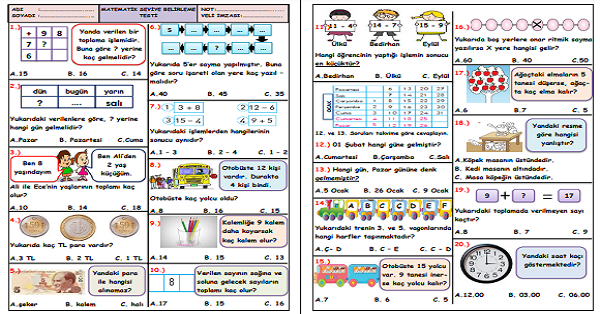 1.Sınıf -Matematik Seviye Belirleme Test-1