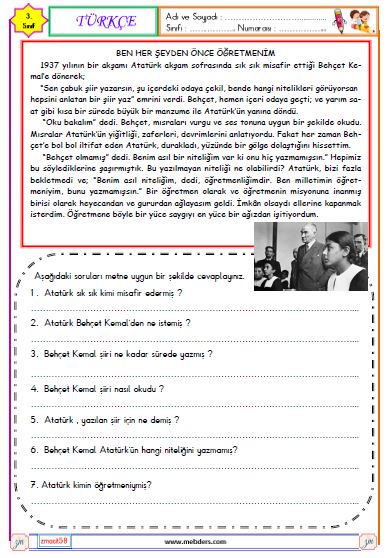 3. Sınıf Türkçe Okuma ve Anlama Metni Etkinliği (Ben her şeyden önce öğretmenim)