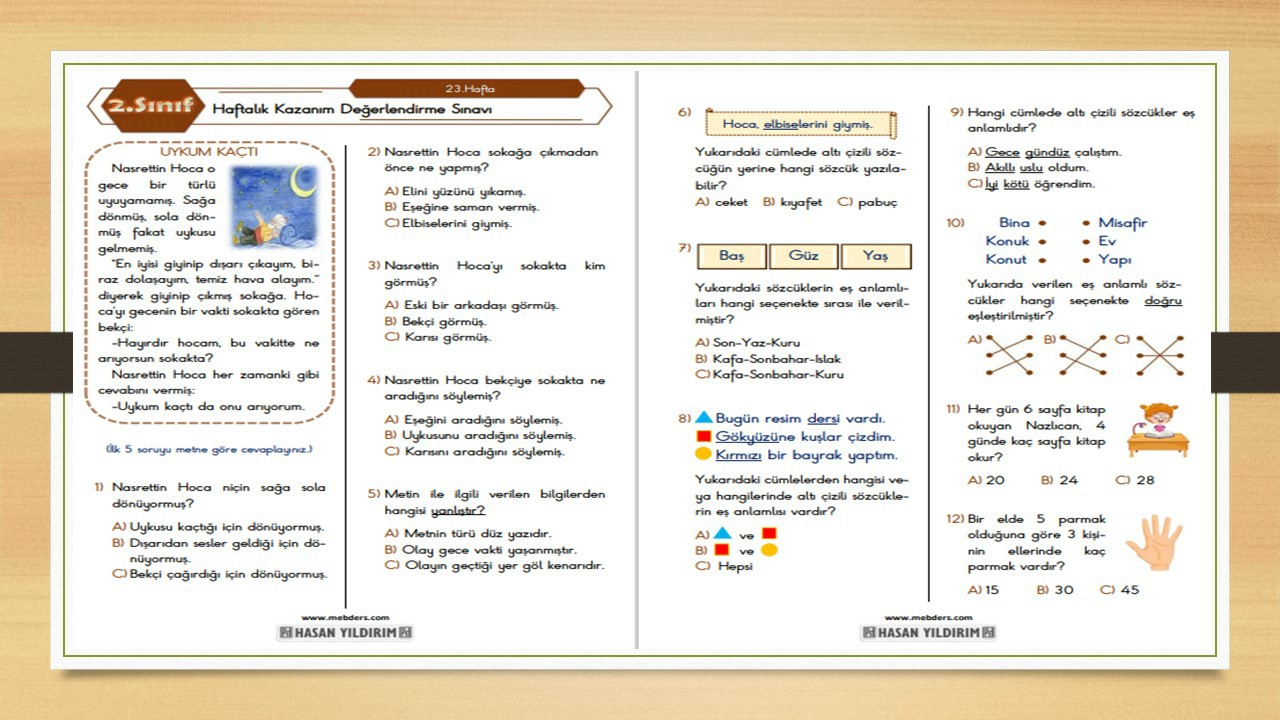 2.Sınıf Haftalık Değerlendirme Testi-23.Hafta(22-26 Mart)