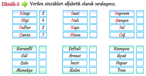 3.Sınıf Türkçe Alfabetik Sıralama-1