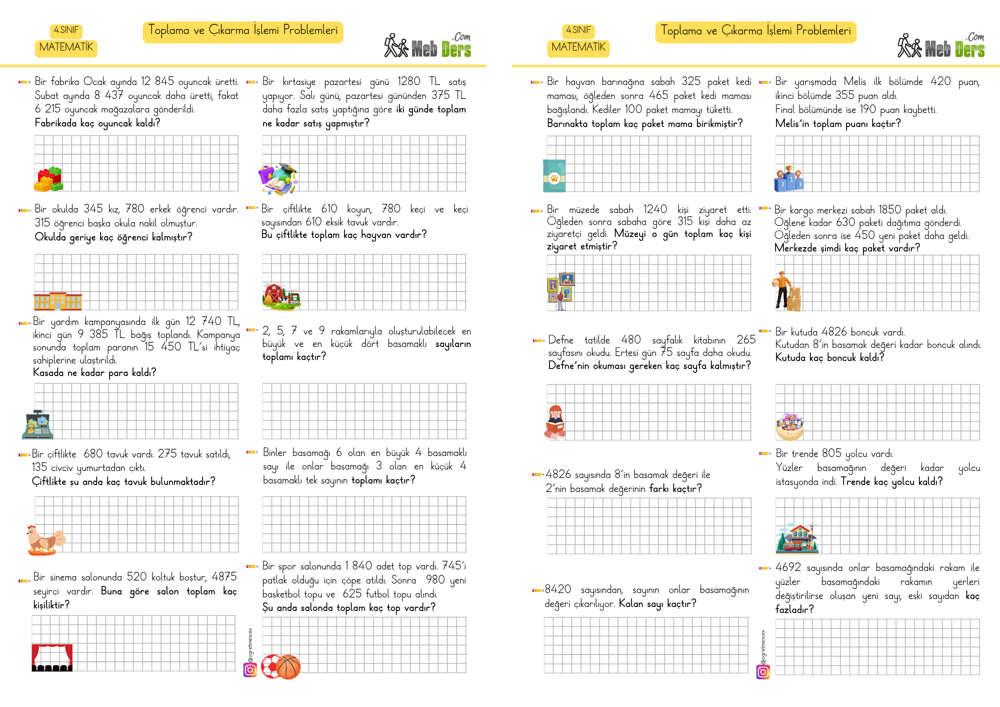 4.Sınıf Matematik Toplama ve Çıkarma Problemleri 2 (2 Sayfa)