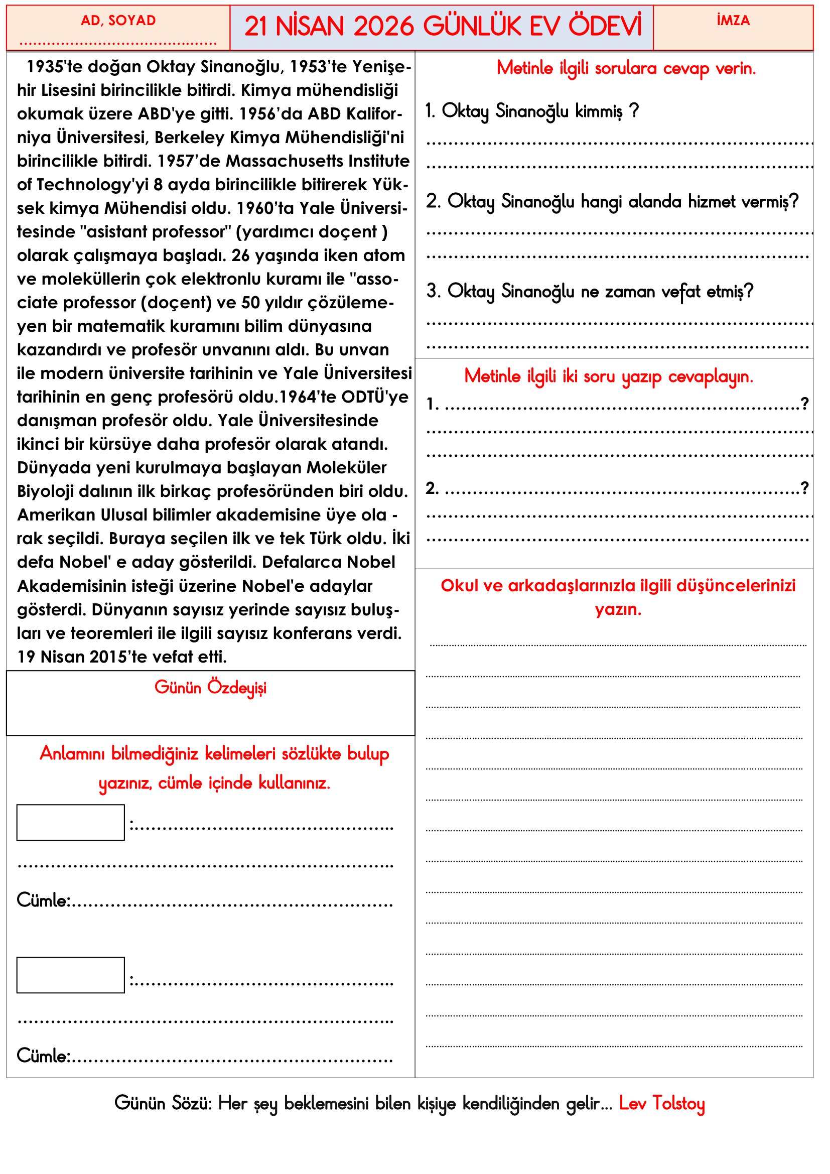 3.Sınıf - 21 Nisan 2026 Günlük Ev Ödevleri