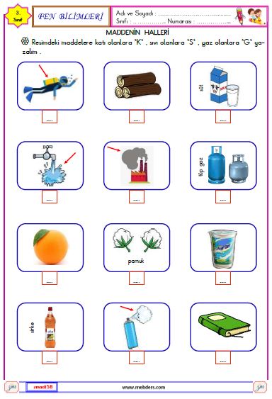 3. Sınıf Fen Bilimleri Maddenin Halleri Etkinliği 1