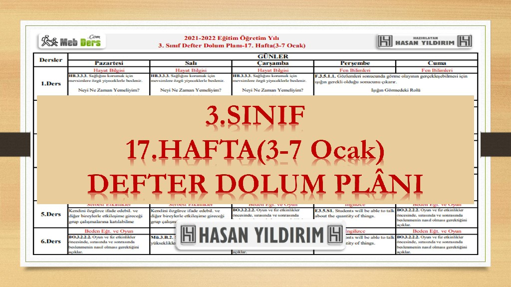 3.Sınıf 17.Hafta(3-7 Ocak) Defter Dolum Planı