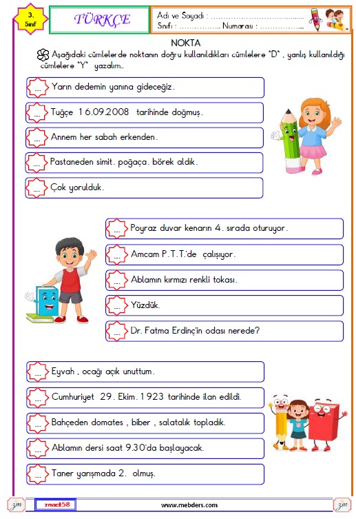 3. Sınıf Türkçe Nokta Etkinliği