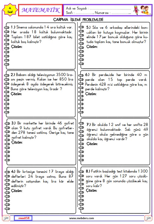 4. Sınıf Matematik Çarpma İşlemleri Problemleri Etkinliği 2