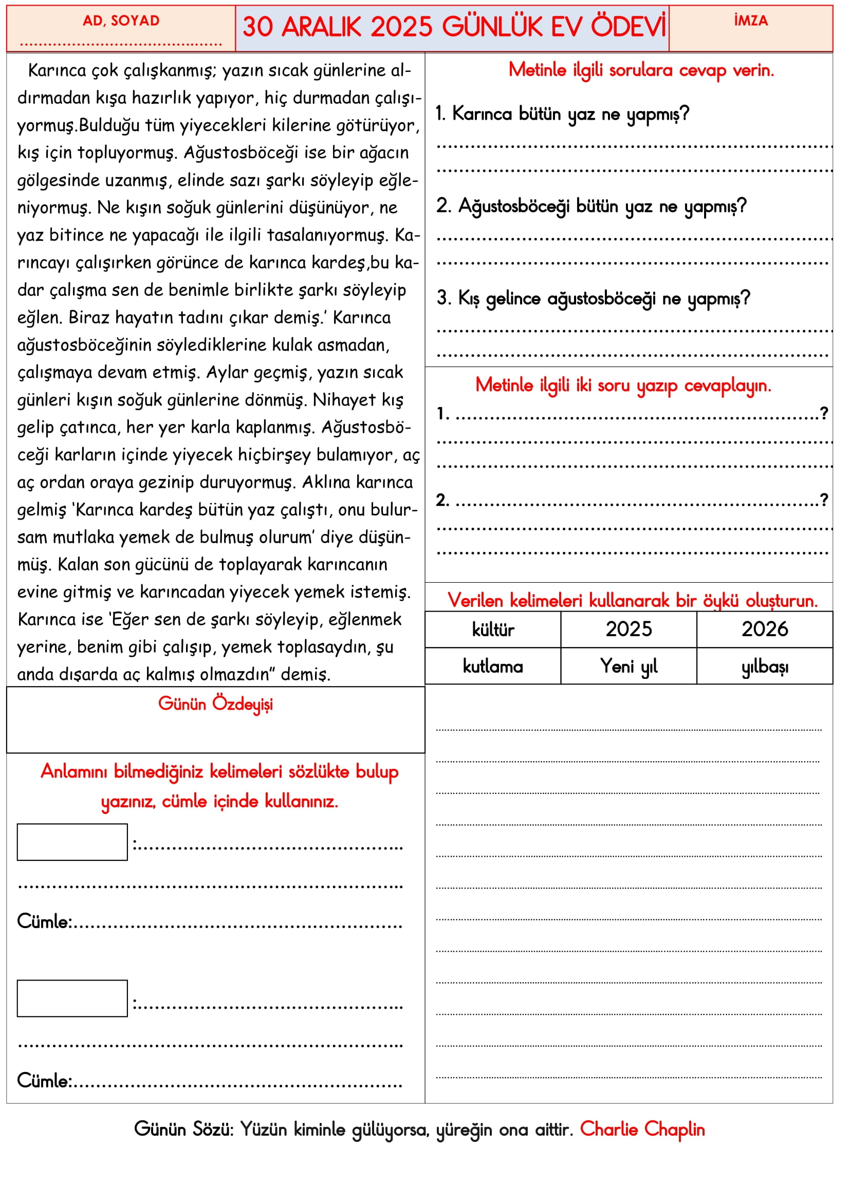 3.Sınıf - 30 Aralık 2025 Günlük Ev Ödevleri