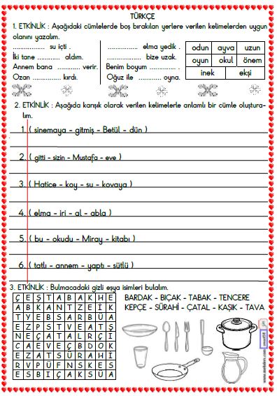 1. Sınıf Türkçe Boşluk Doldurma ve Cümle Oluşturma  Etkinliği 5