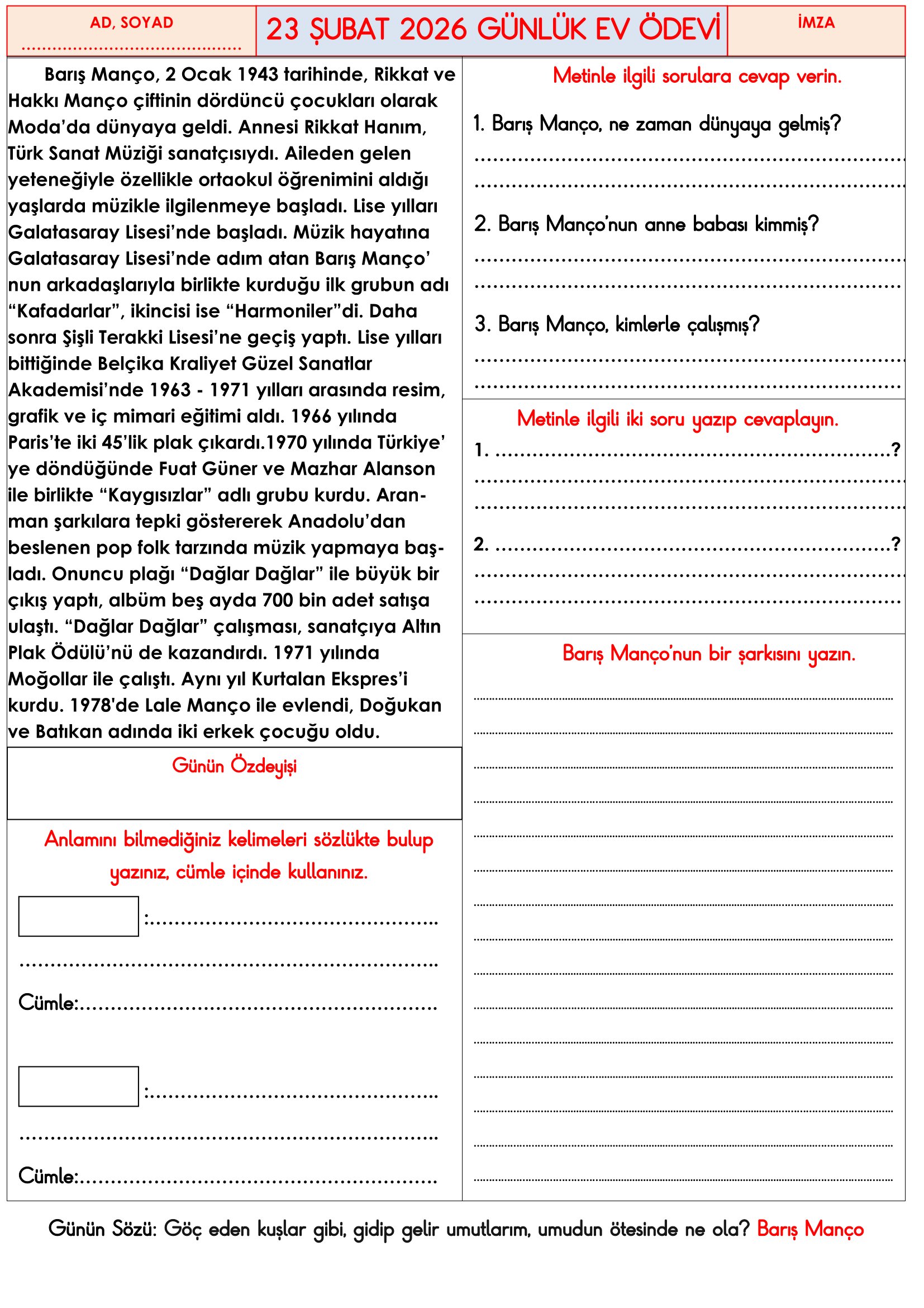 3.Sınıf - 23 Şubat 2026 Günlük Ev Ödevleri