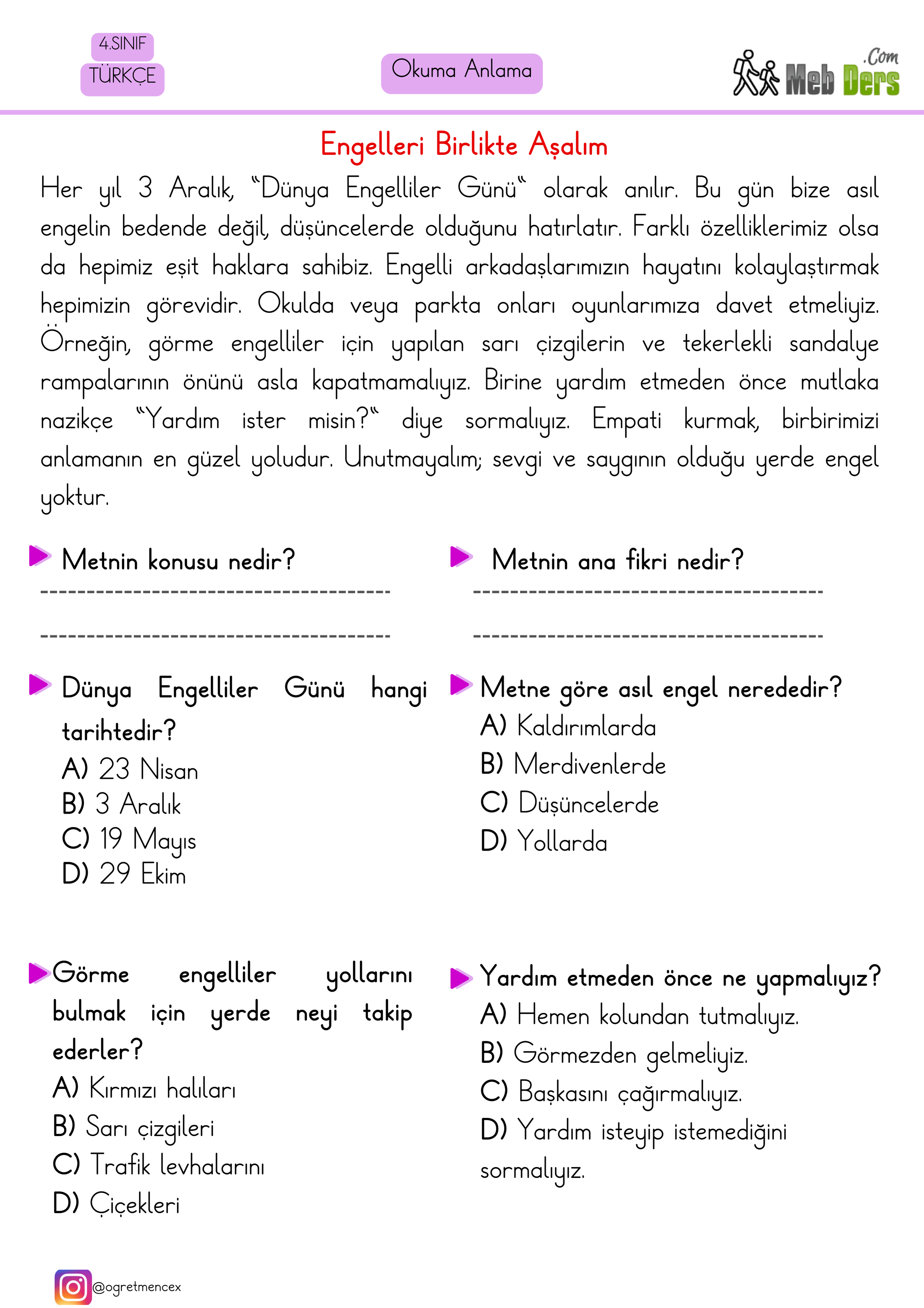 4. Sınıf Türkçe Okuduğunu Anlama Çalışması