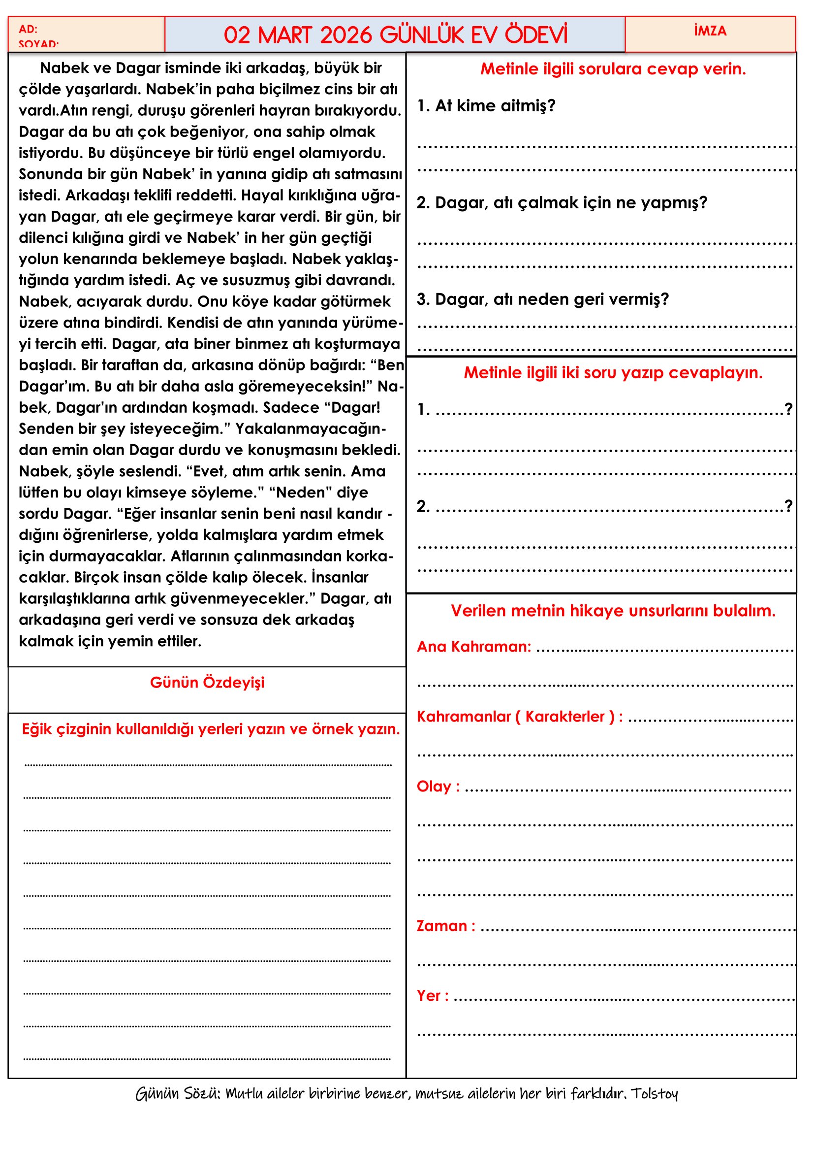 4.Sınıf - 02 Mart 2026 Günlük Ev Ödevleri