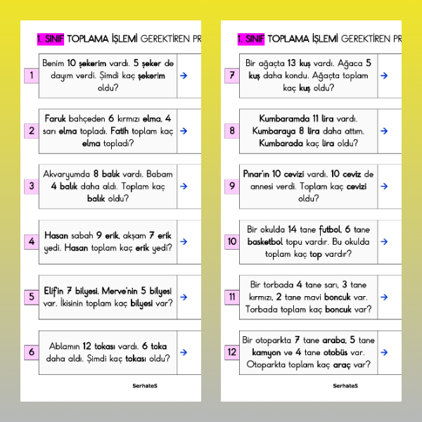 1. Sınıf Matematik - Toplama İşlemi Gerektiren Problemler Etkinliği - 3