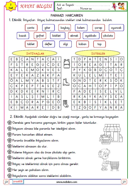 2. Sınıf Hayat Bilgisi Paramızı Harcarken Etkinliği