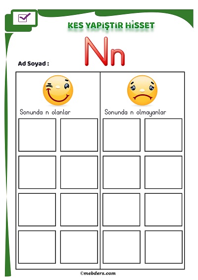 1.Sınıf İlkokuma Kes Yapıştır Hisset Etkinliği - N Sesi