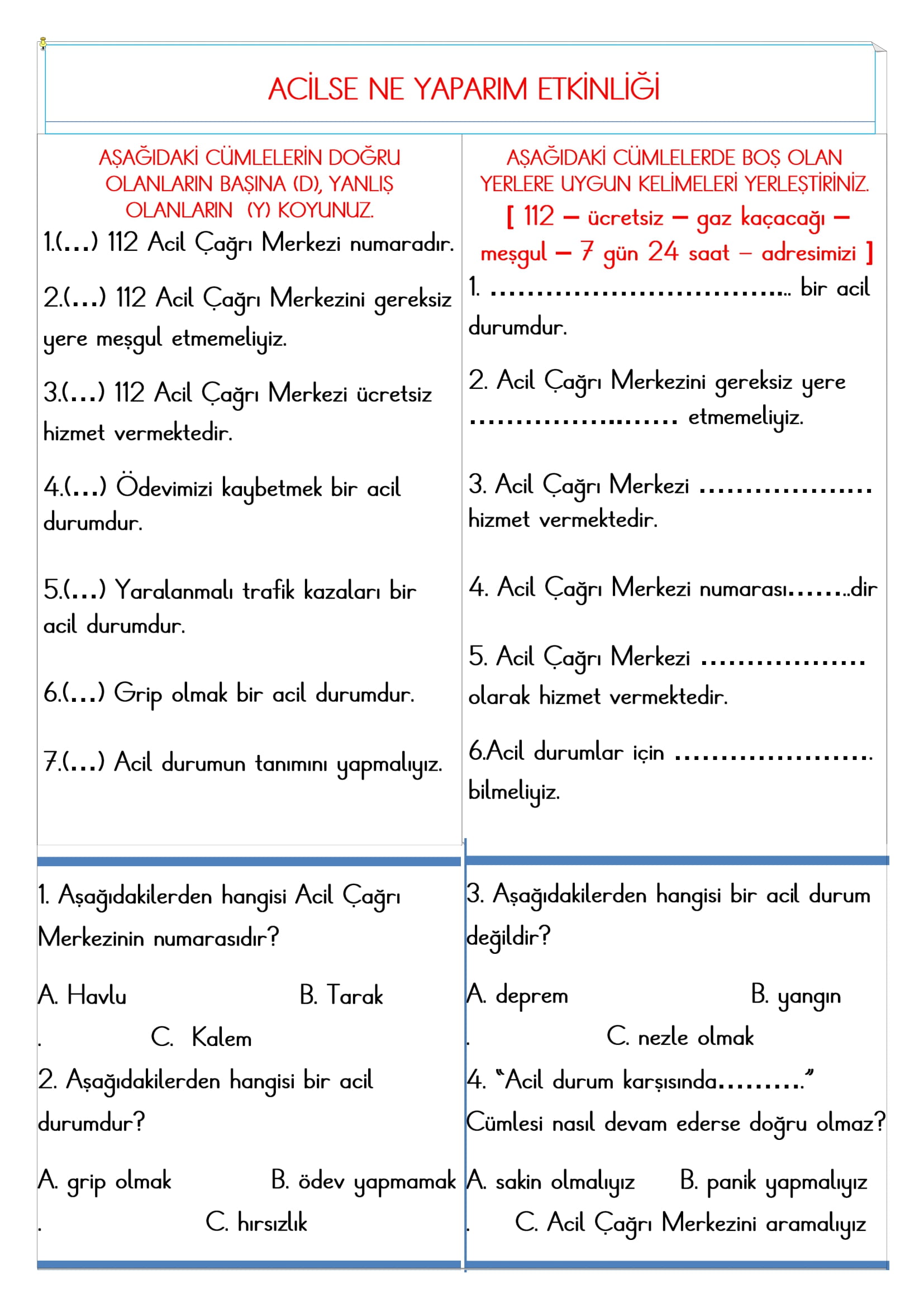 2.Sınıf - Hayat Bilgisi Acilse Ne Yaparım Etkinliği