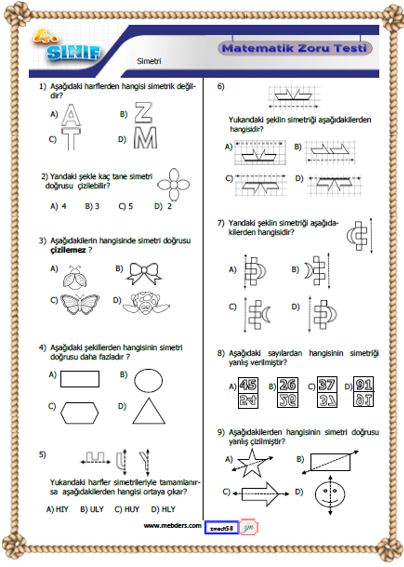 4.Sınıf Matematik Simetri Kazanım Testi