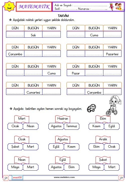 1. Sınıf Matematik Takvim Etkinliği 3