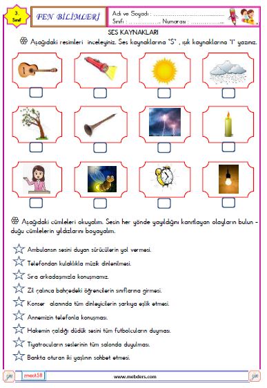 3. Sınıf Fen Bilimleri Ses Kaynakları Etkinliği 1