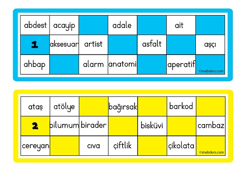 Yazım Yanlışı Yapılabilen Sözcüklerle Tombala Oyun Kartları