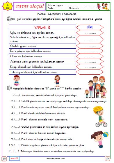 3.Sınıf Hayat Bilgisi Planlı Olmanın Faydaları Etkinliği