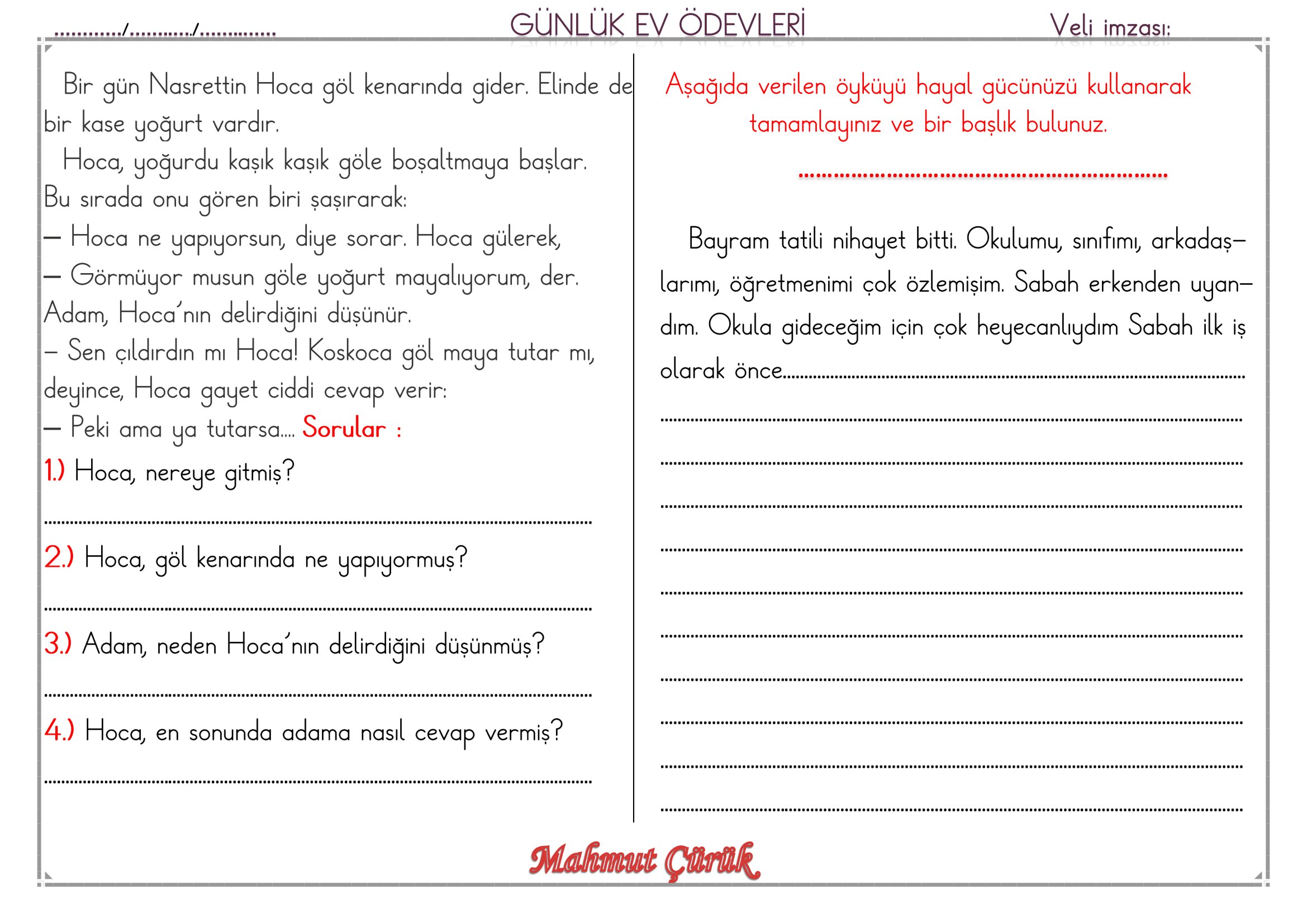 1.Sınıf - 01 Haziran 2026 Günlük Ev Ödevleri