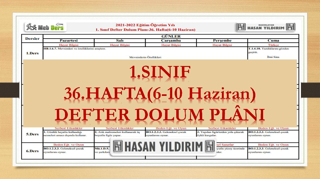 1.Sınıf 36.Hafta(6-10 Haziran) Defter Dolum Planı