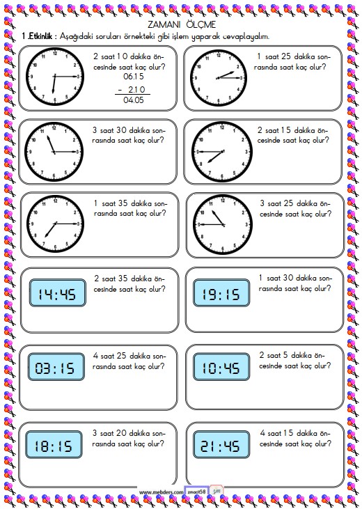 2. Sınıf Matematik Zamanı Ölçme ve Saat Etkinliği 16