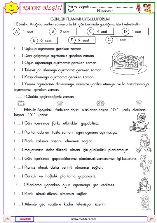 2. Sınıf Hayat Bilgisi Günlük Planımı Uyguluyorum Etkinliği