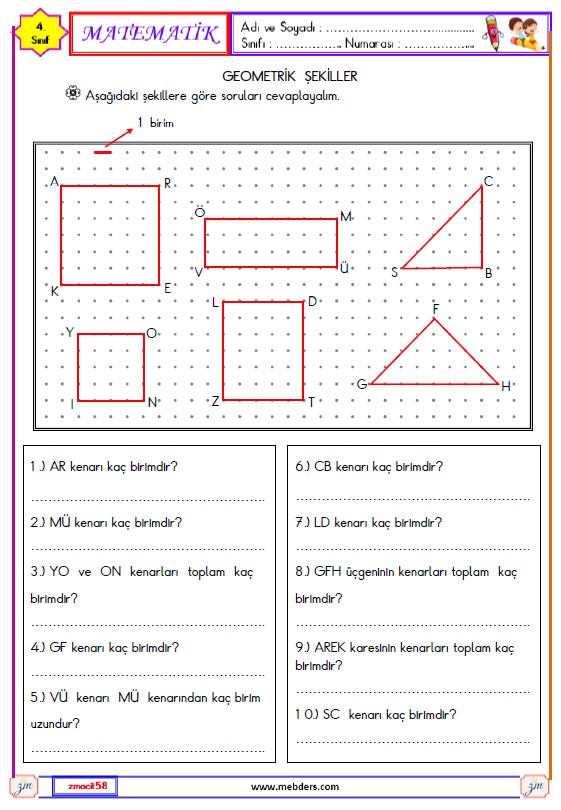 4. Sınıf Matematik Geometrik Şekiller Etkinliği 8