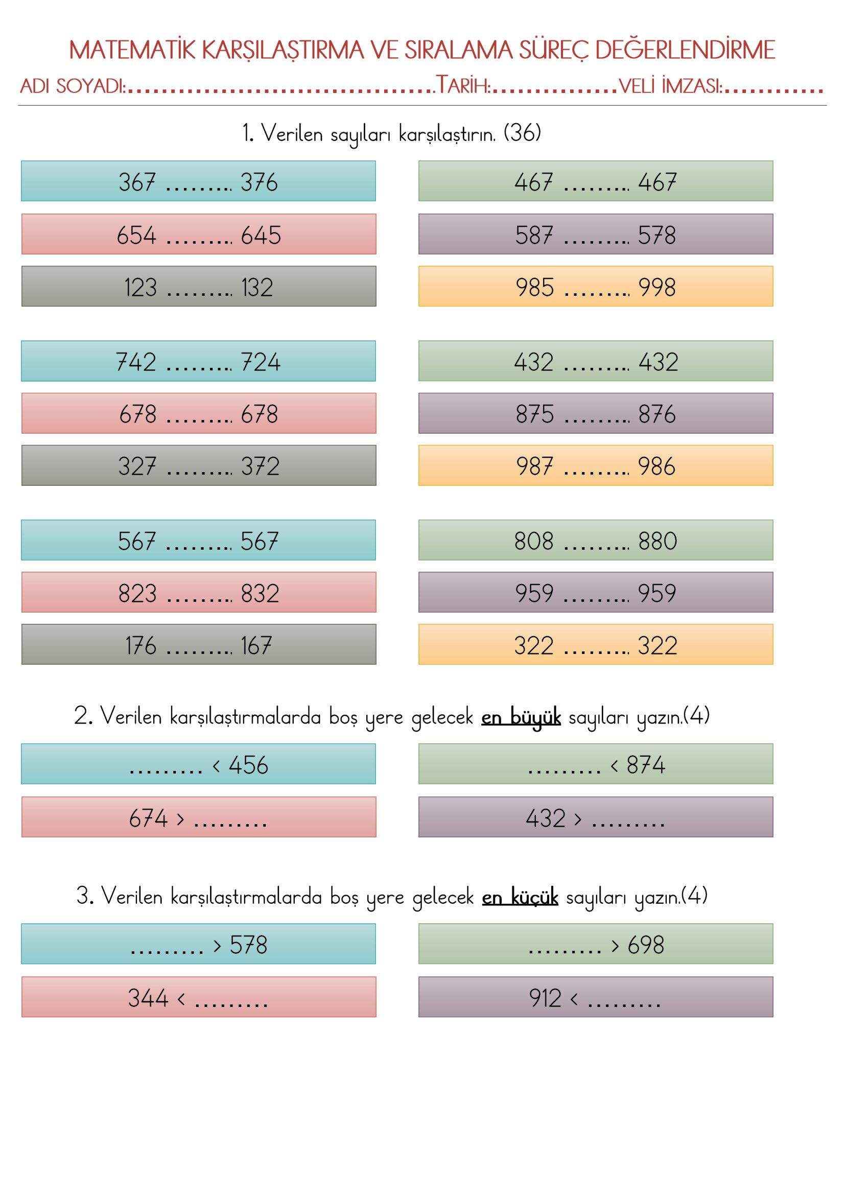 3.Sınıf Matematik Üç Basamaklı Doğal Sayılarda Karşılaştırma ve Sıralama Süreç Değerlendirme